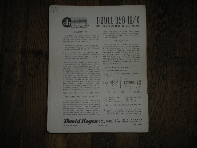 B50-16/X Record Player   Instruction Manual. Contains a Parts list, Some service Instructions, Operating Info.