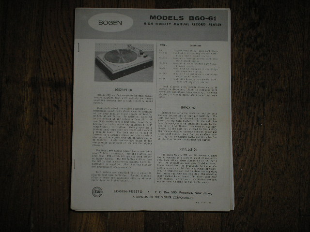 B60 B61  Record Player   Instruction Manual. Contains, some service Instructions, Operating Info. Cartridge adjustments