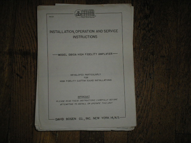 DB10A High Fidelity Amplifier Service and Instruction Manual with Schematic 