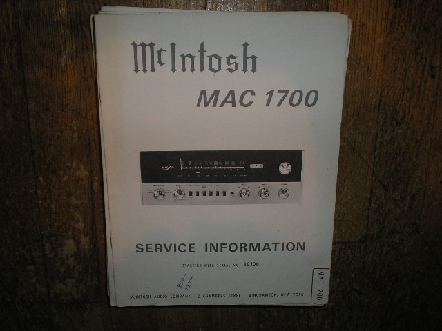 MAC 1700 Receiver Service Manual Starting with Serial No 30J00  McIntosh