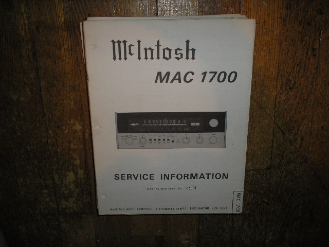 MAC 1700 Receiver Service Manual Starting with Serial No 85J01  McIntosh