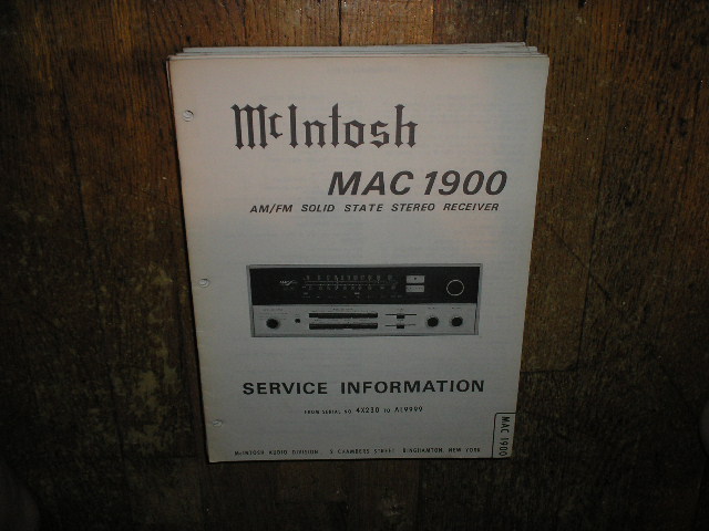 MAC 1900 Receiver Service Manual Starting with Serial No 4X230 to AL9999  McIntosh