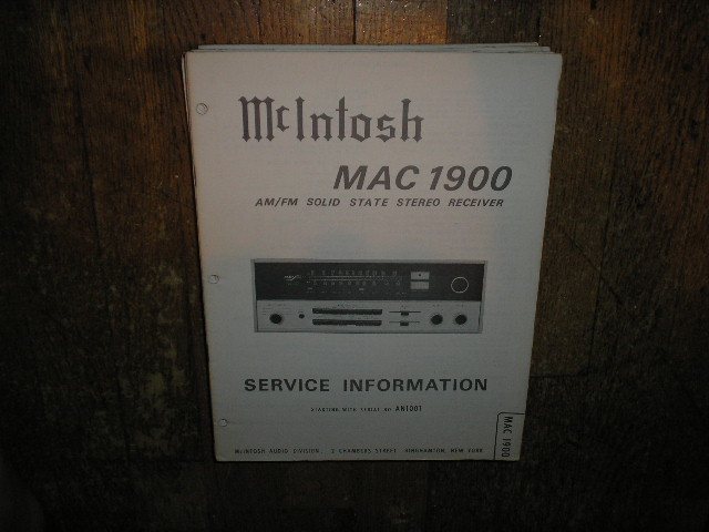 MAC 1900 Receiver Service Manual Starting with Serial No AN1001  McIntosh