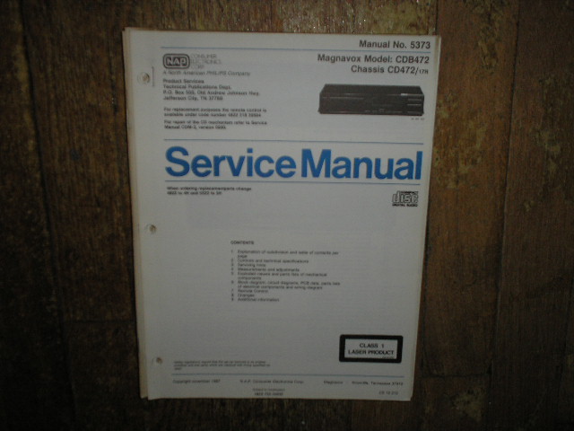 Philips Magnavox CDB472 CD472 CD Player Service Manual