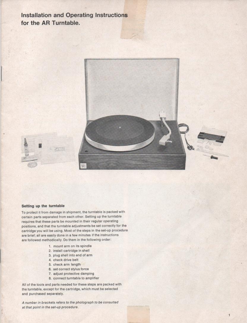 Acoustic Research Turntable Installation Manual   AR Acoustic Research