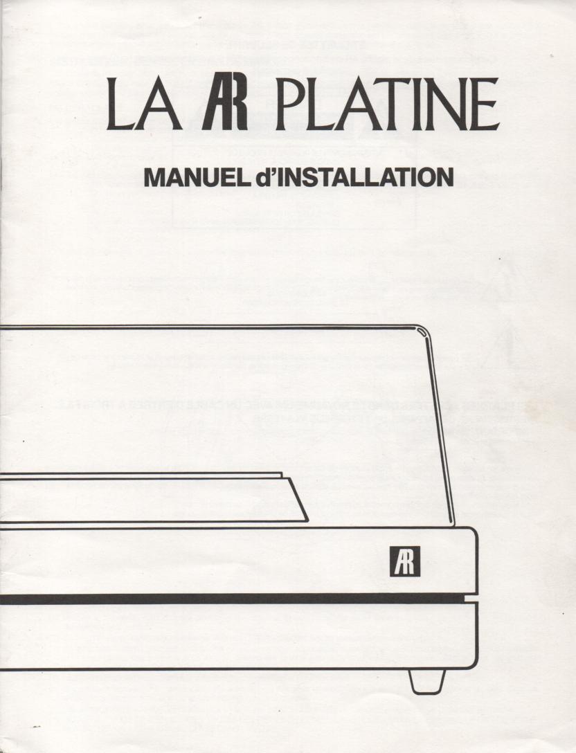 Acoustic Research Turntable Installation Manual French Version  AR Acoustic Research