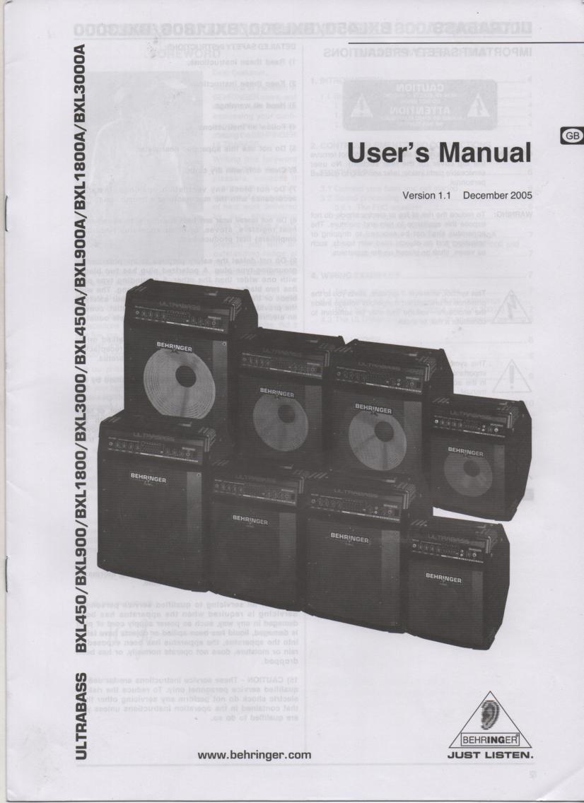 BXL450 BXL900 BXL1800 ULTRABASS English Owners Instruction Manual