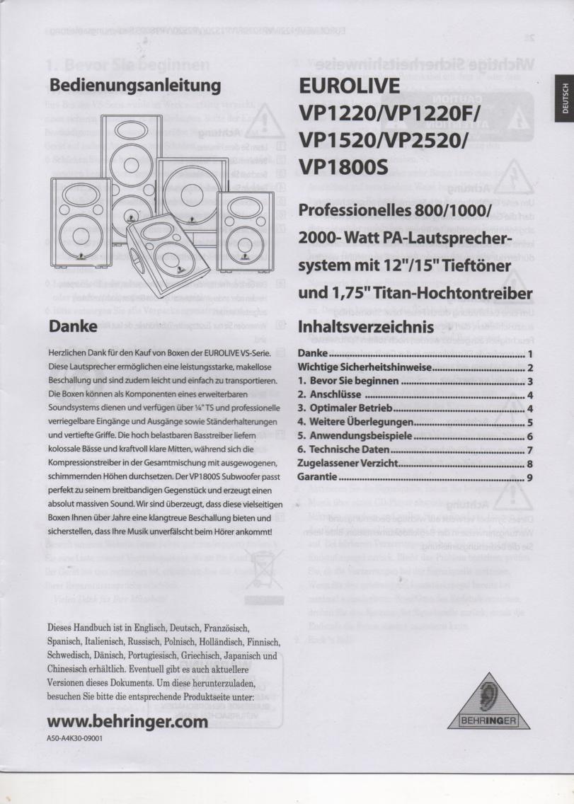 VP1220 VP1220F VP1520 VP1800S VP2520 Speaker System German Owners Instruction Manual.