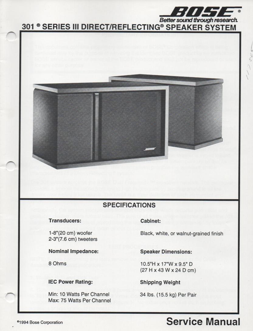 301 Series III Direct Reflecting Speaker System Service Manual