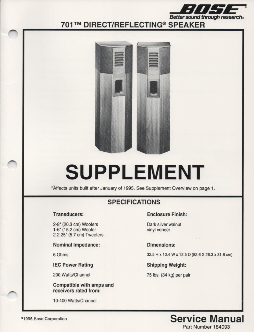 701 Direct Reflecting Speaker System Service Manual 2 for units made after Jan 1995