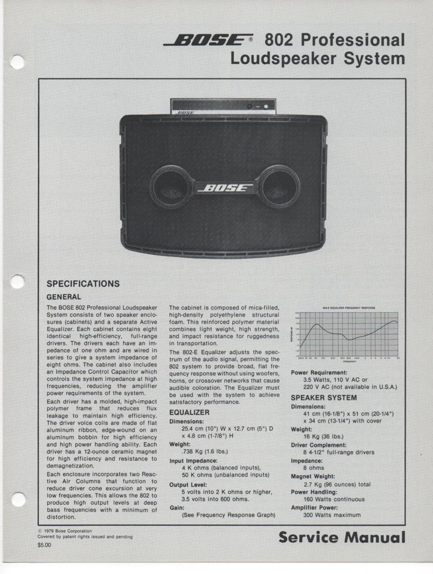802 Profesional Loudpeaker System Service Manual.   with EQ schematic and coplete parts list..