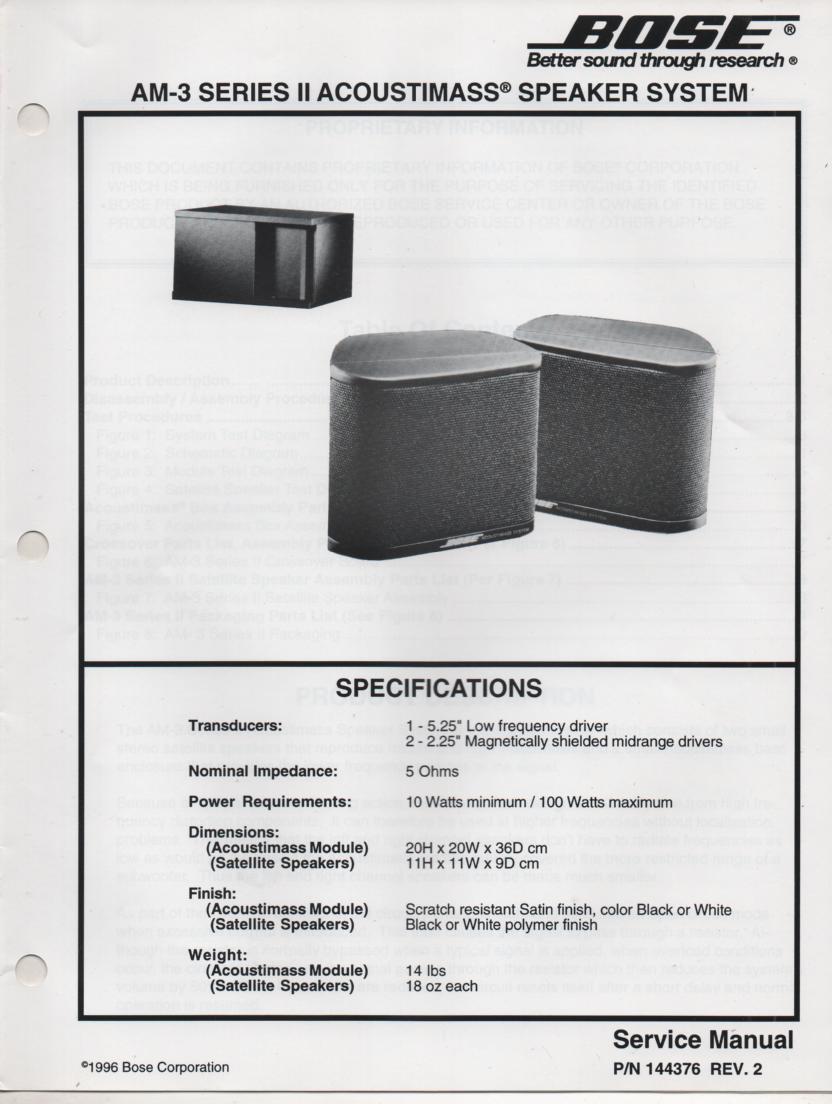 AM-3 Series 2 II Acoustimass Speaker Service Manual 2.   144326 REV 2 1996