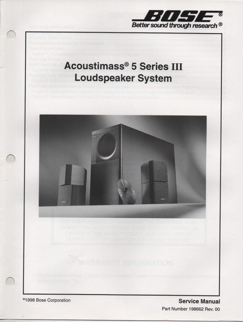 AM-5 Series 3 III Acoustimass-5 Series 3 III Speaker System Service Manual.    198662 1998  