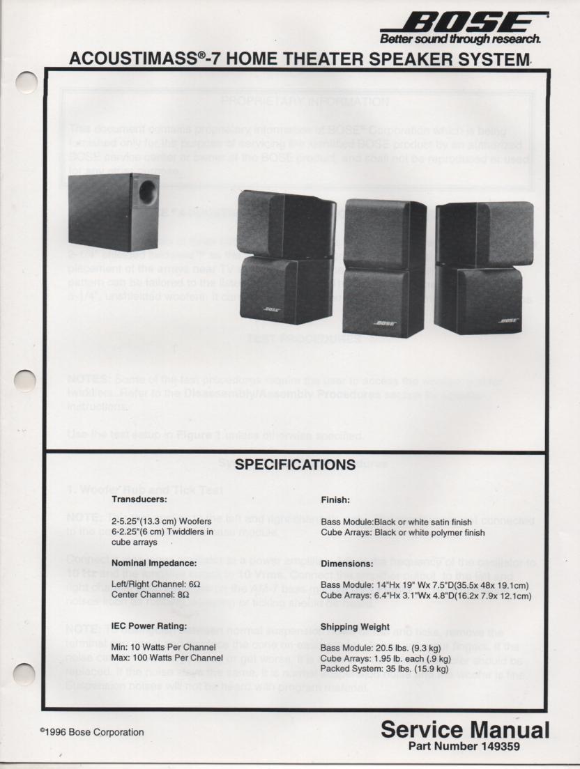 AM-7 Acoustimass-7 Home Theater Speaker System Service Manual.  
149359 1996   