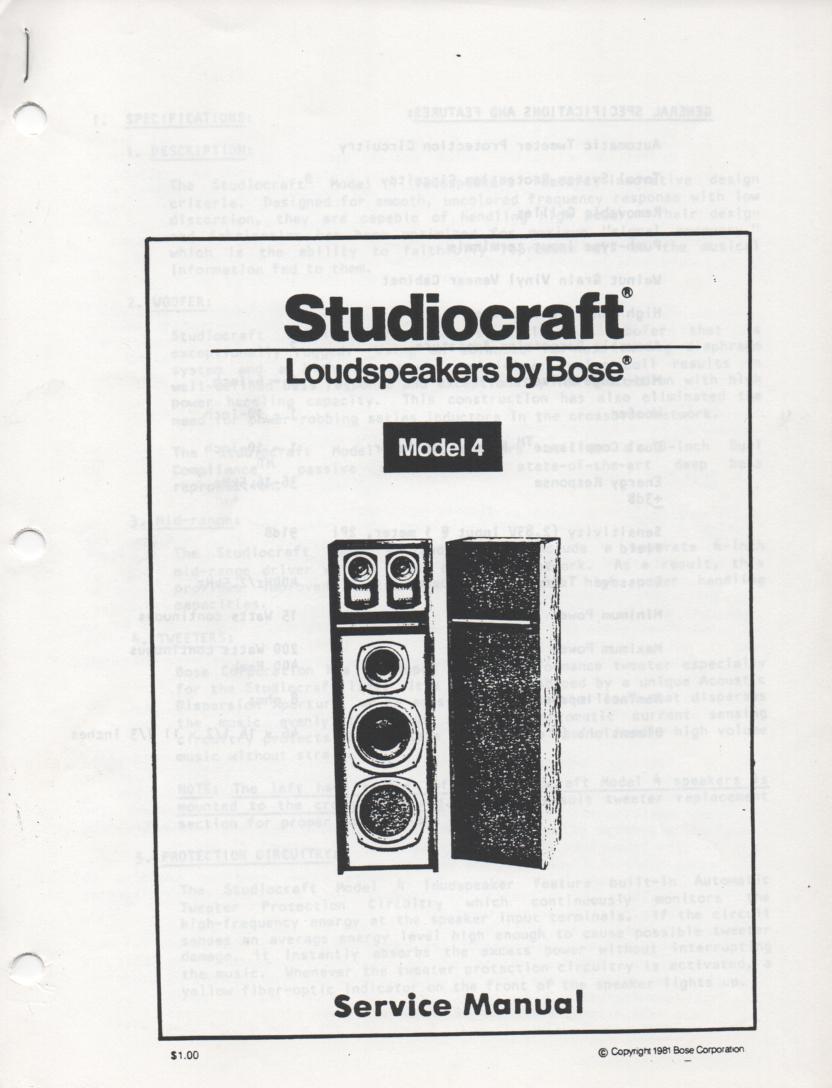 Studiocraft Model 4 Speaker System Service Manual.