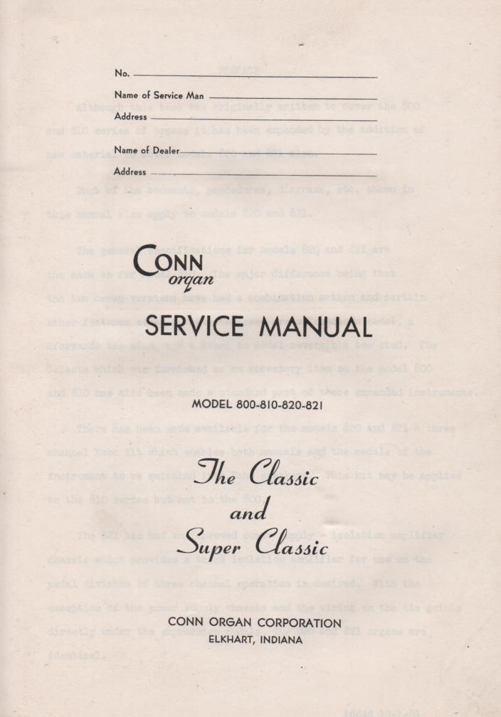 800 810 820 821 Classic and Super Classic Organ Service Manual 