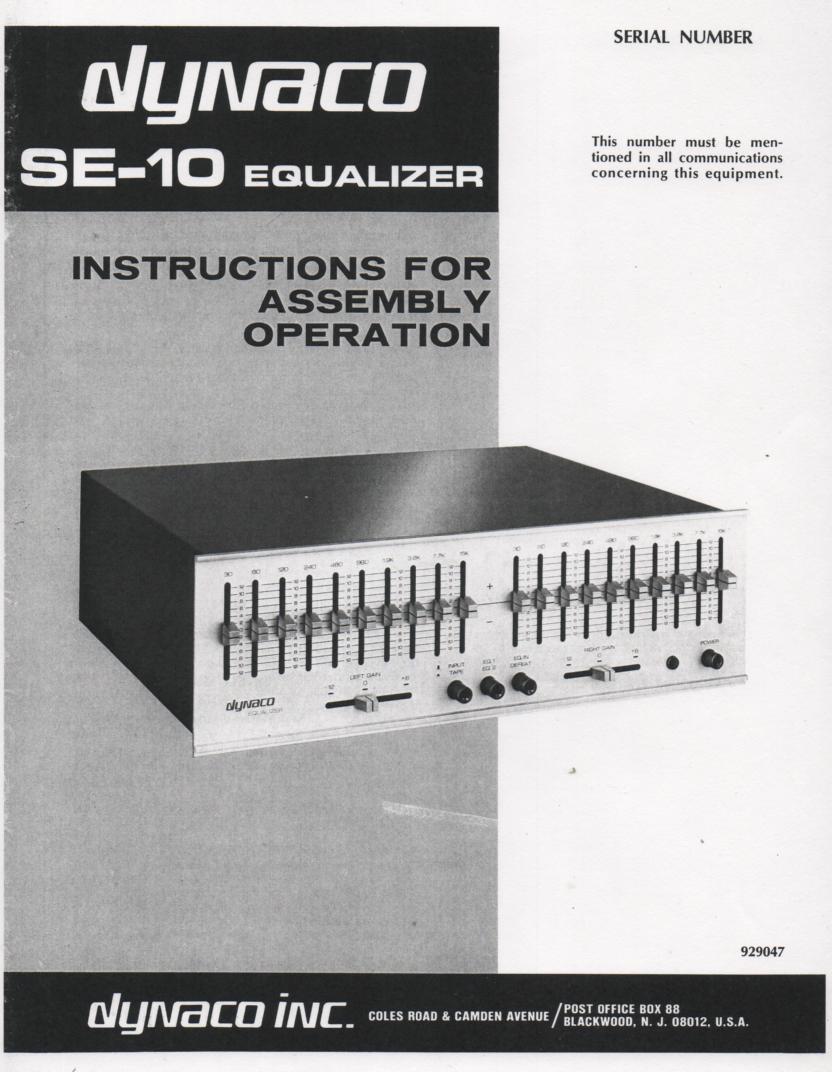SE-10 Equalizer Assembly Manual.   contains a schematic, parts list, and the assembly instructions