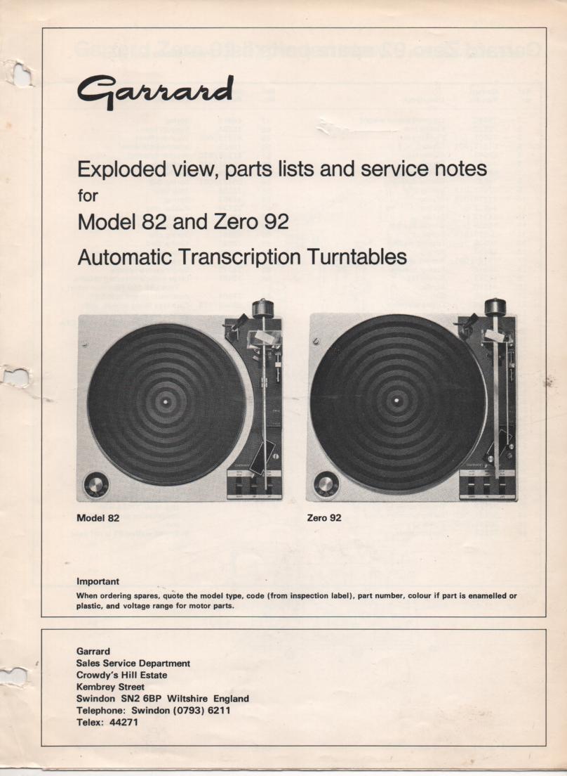 82 ZERO 92 Turntable Service Manual  GARRARD