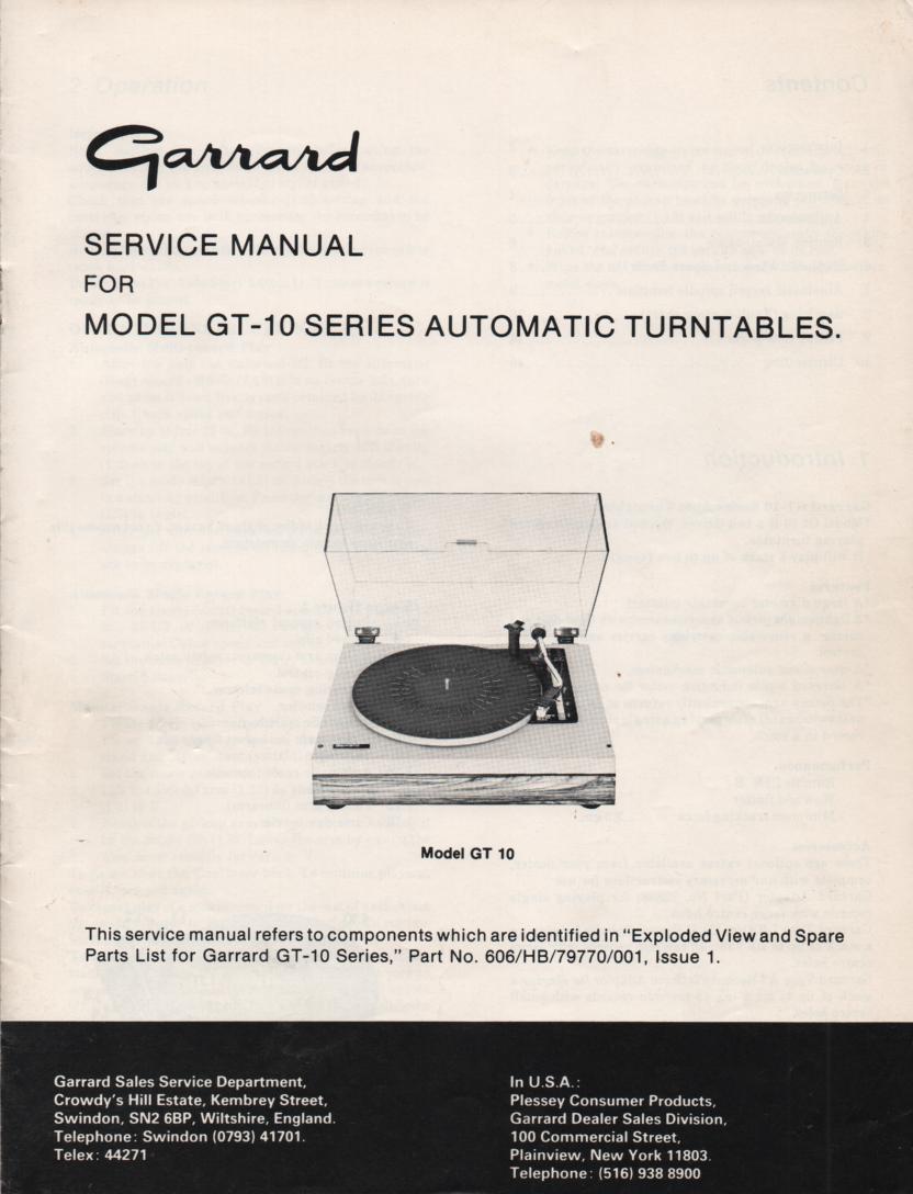 GT-10 Turntable Service Manual  GARRARD
