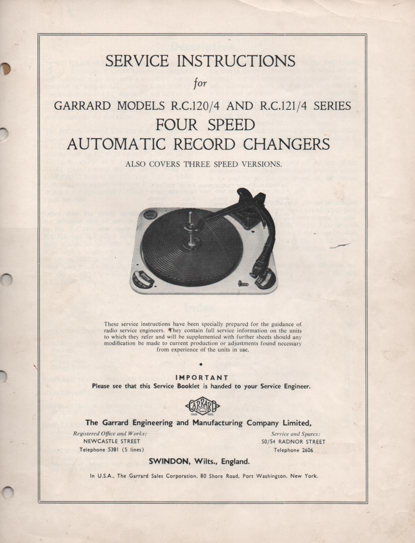 RC-120 RC-121 Phonograph Turntable Service Manual  GARRARD