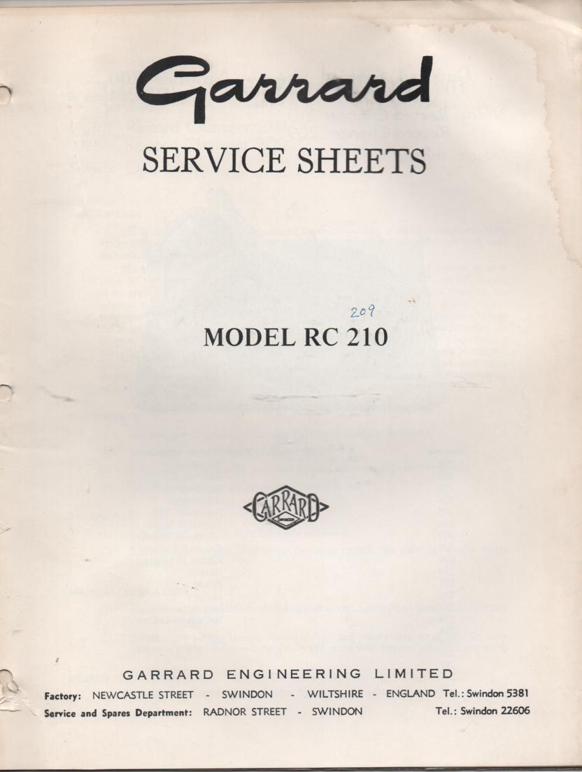 RC 209 RC 210 Record Changer Service Manual