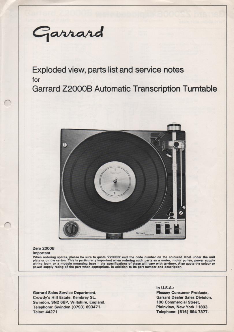 Z2000B  Turntable Service Manual  GARRARD