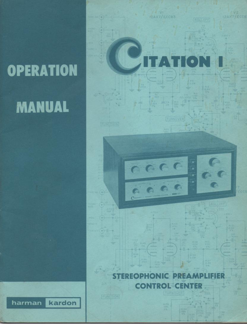 Citation 1 Pre-Amplifier Operating Instruction Manual  Harman Kardon