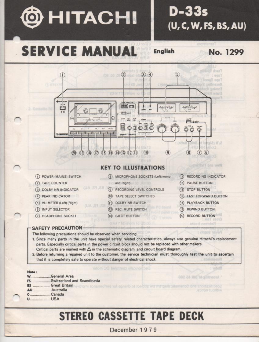 D-33S Cassette Deck Service Manual .  For U C W FS BS and AU versions.  Manual is in English