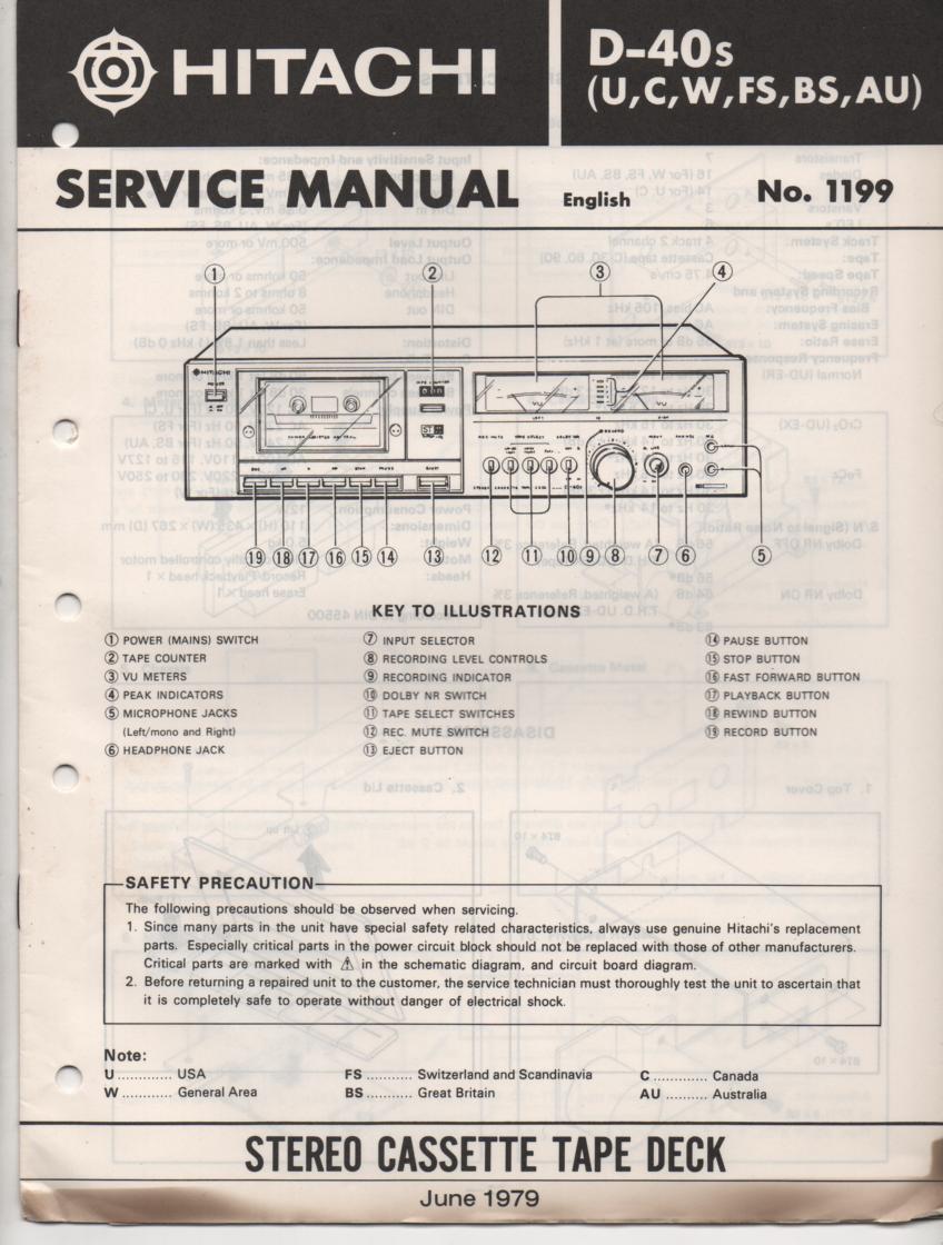 D-40S Cassette Deck Service Manual .  For U C W FS BS and AU versions.  Manual is in English