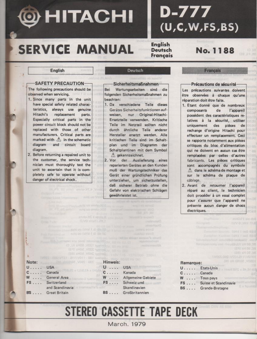 D-777 Cassette Deck Service Manual .  For U C W FS and BS versions.  Manual is in English Deutsch and Francais.