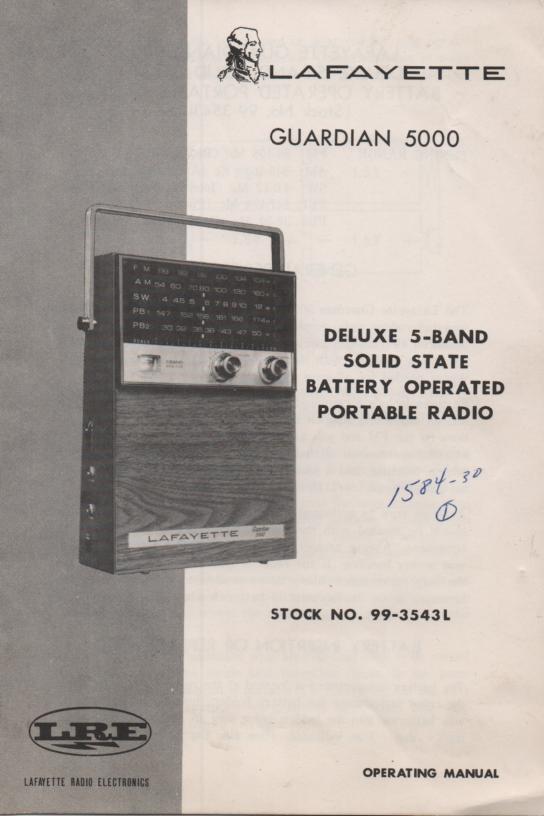 Guardian 5000 Deluxe 5 Band Radio.  Owners manual with schematic.   Stock No. 99-3543L