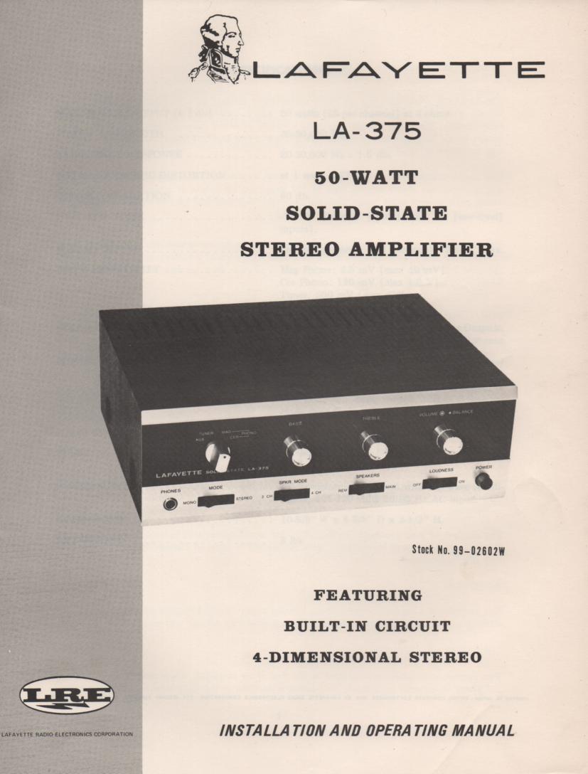 LA-375 Amplifier Owners Service Manual. Owners manual with schematic.   Stock No. 99-02602w .