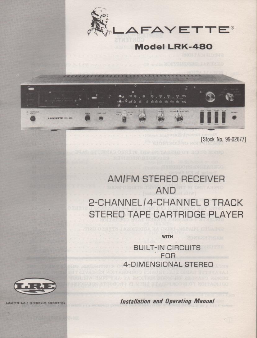 LRK-480 8-Track Receiver Owners Service Manual. Owners manual with large foldout schematic.. Stock No. 99-02677 .
