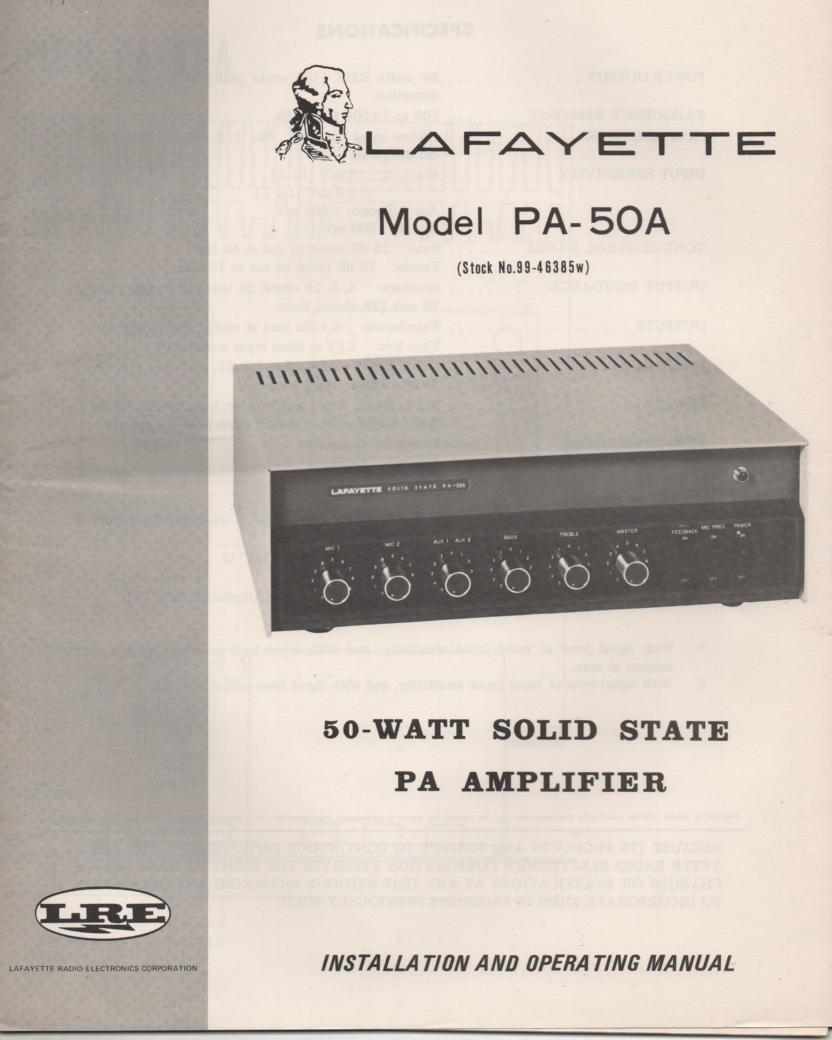 PA-50A PA Amplifier Owners Service Manual. Owners manual with schematic.  Stock No. 99-46385W .