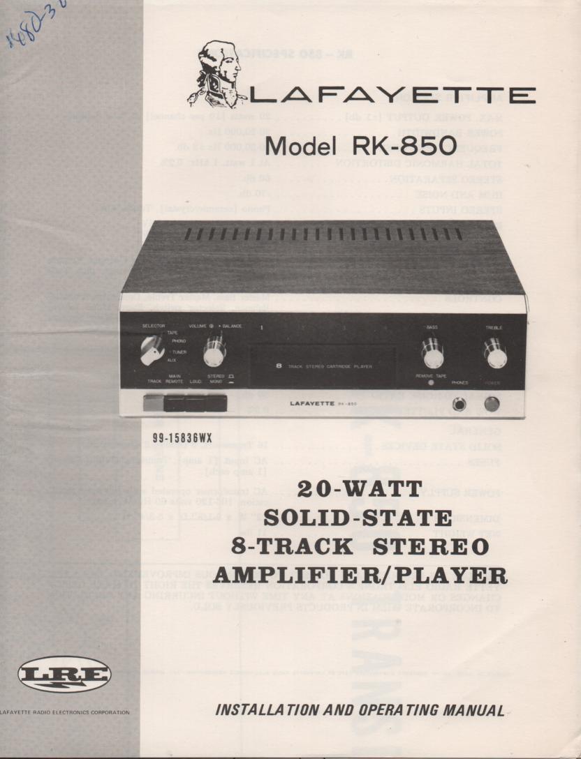 RK-850 Stereo Owners Service Manual. Owners manual with fold out schematic.  Stock No. 99-15835WX .
