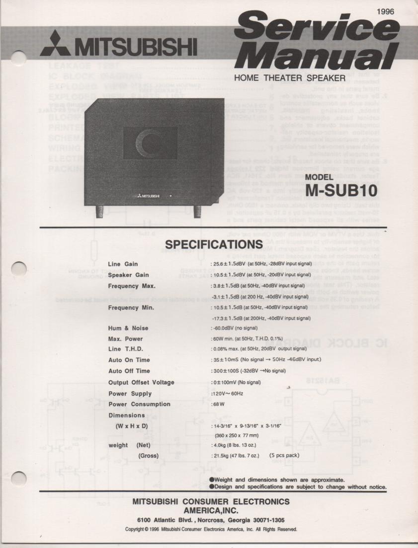 M-SUB10 SUB Woofer Service Manual