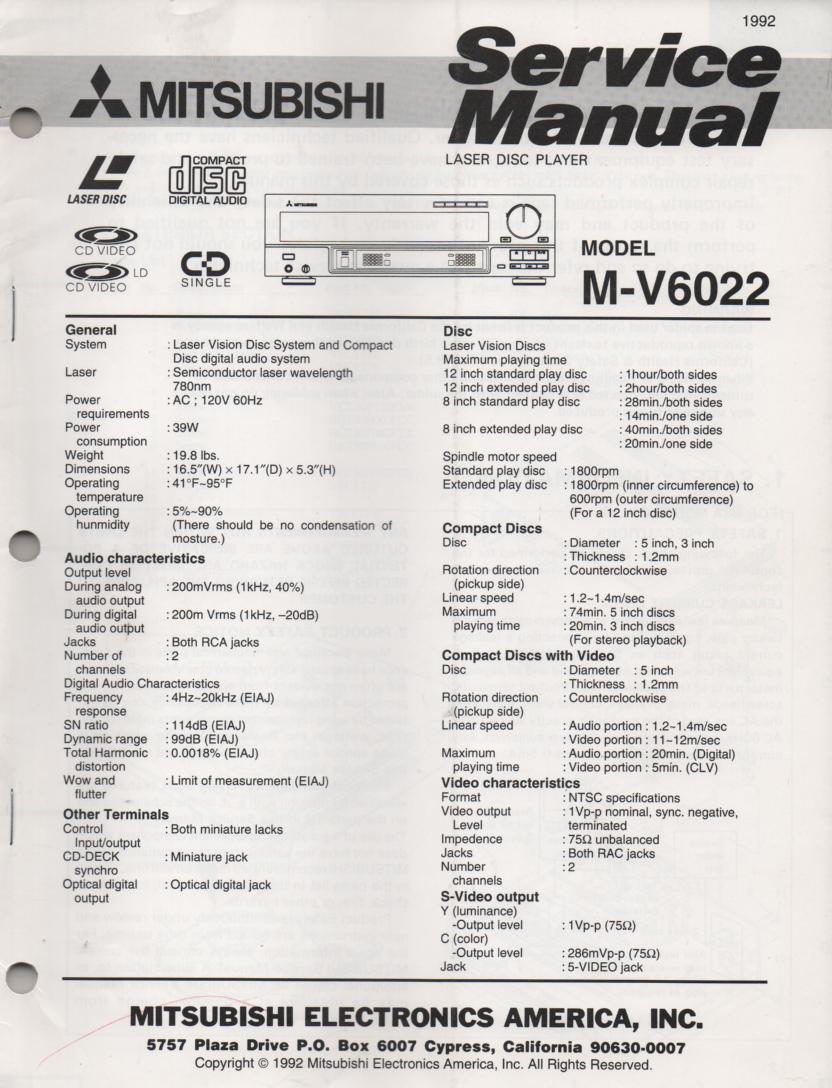 M-V6022 Laser Disc CD Player Service Manual  Mitsubishi