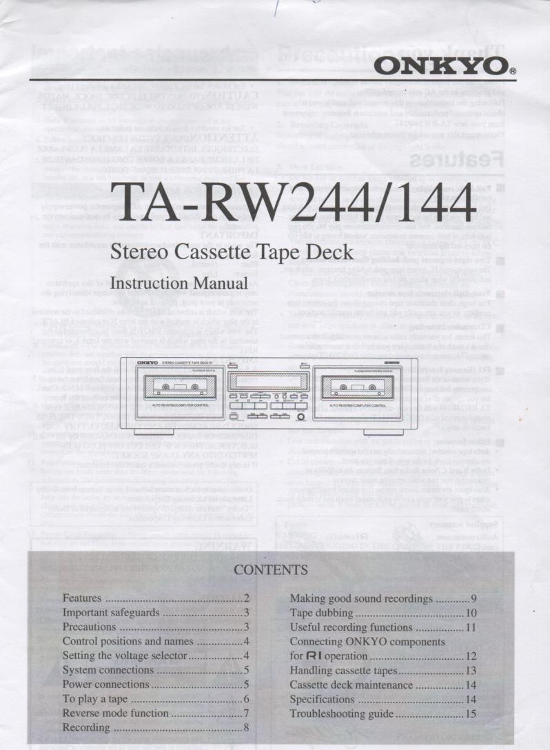 TA-RW144 TA-RW244 Cassette Deck Owners Instruction Manual

