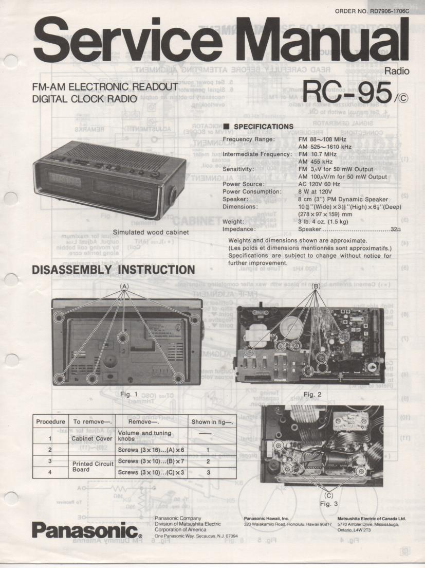 RC-95 RC-95C Digital Clock Radio Service Manual.
2 Manual Set..