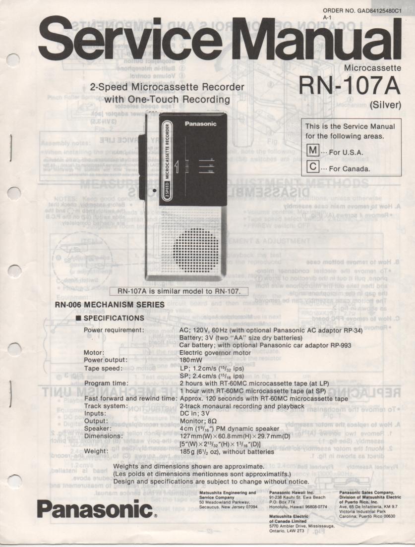 RN-107A Microcassette Deck Service Manual