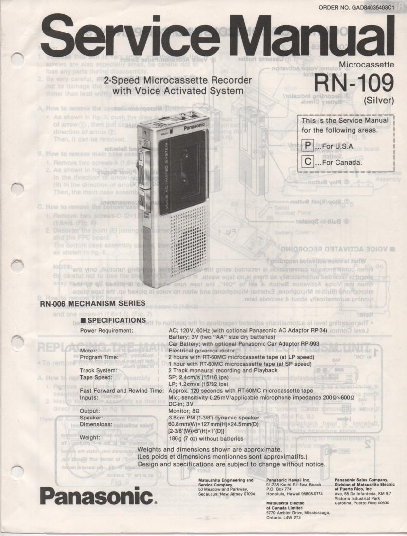 RN-109 Microcassette Deck Service Manual