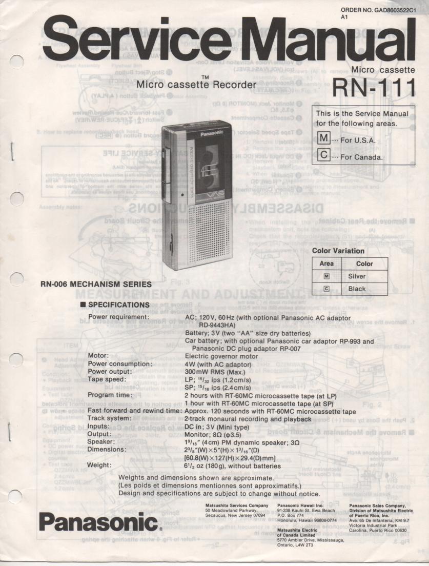 RN-111 Microcassette Deck Service Manual
