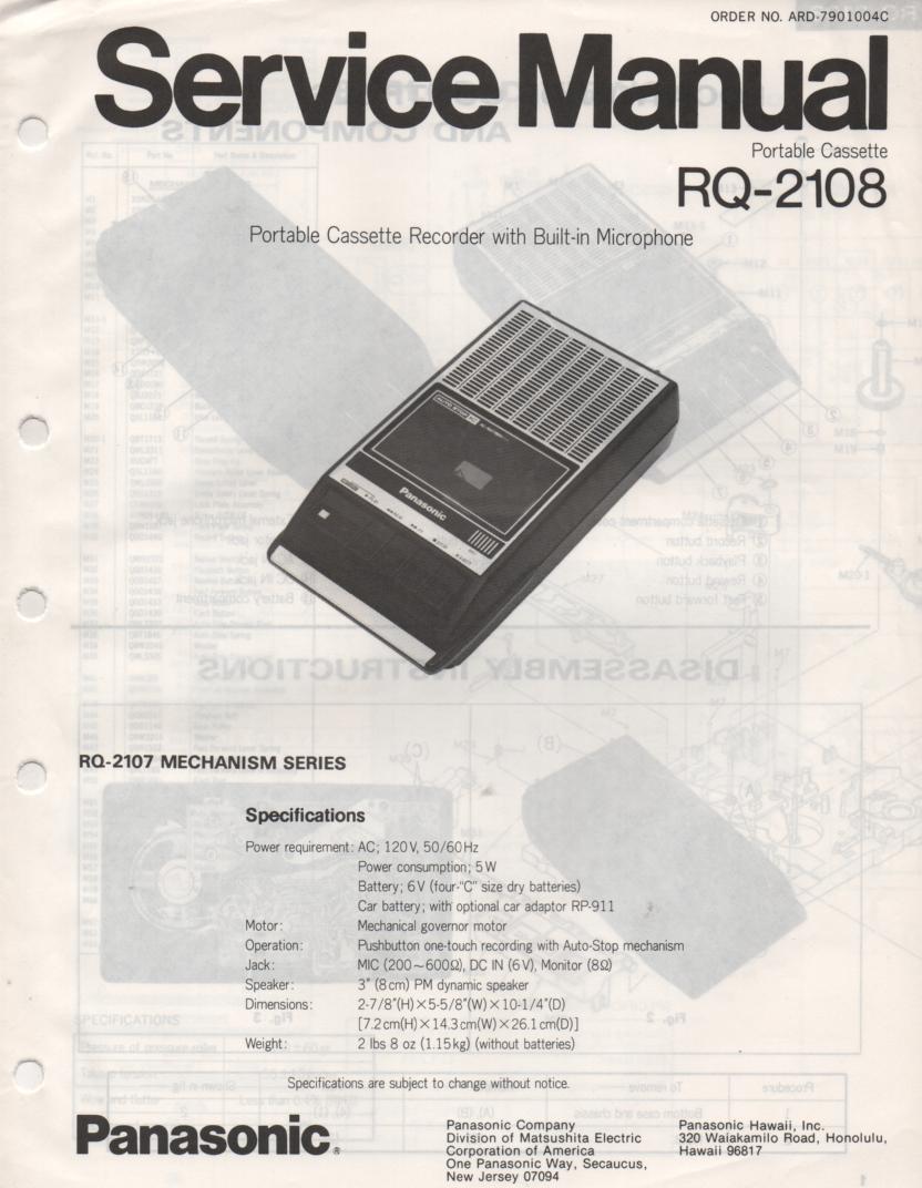 RQ-2108 Cassette Tape Recorder Service Manual