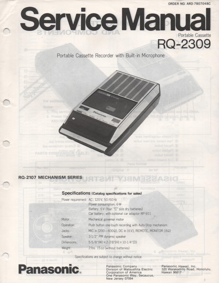 RQ-2309 Cassette Tape Recorder Service Manual