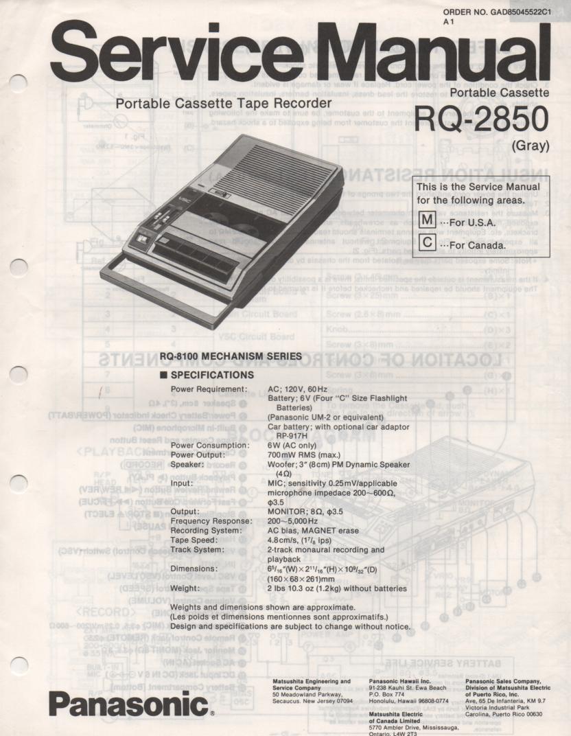 RQ-2850 Cassette Tape Recorder Service Manual