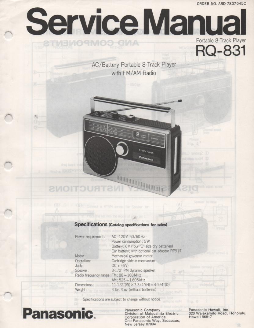 RQ-831 8-Track Radio Service Manual