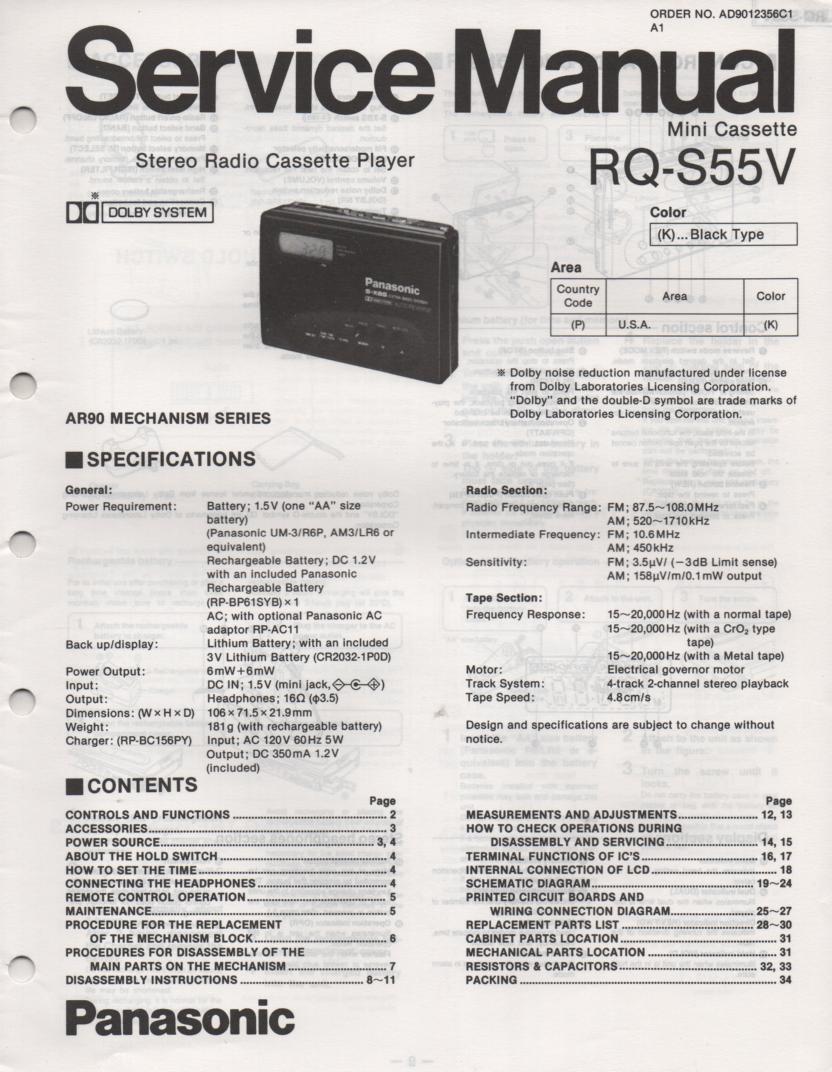 RQ-S55V Radio Mini Cassette Player Service Manual