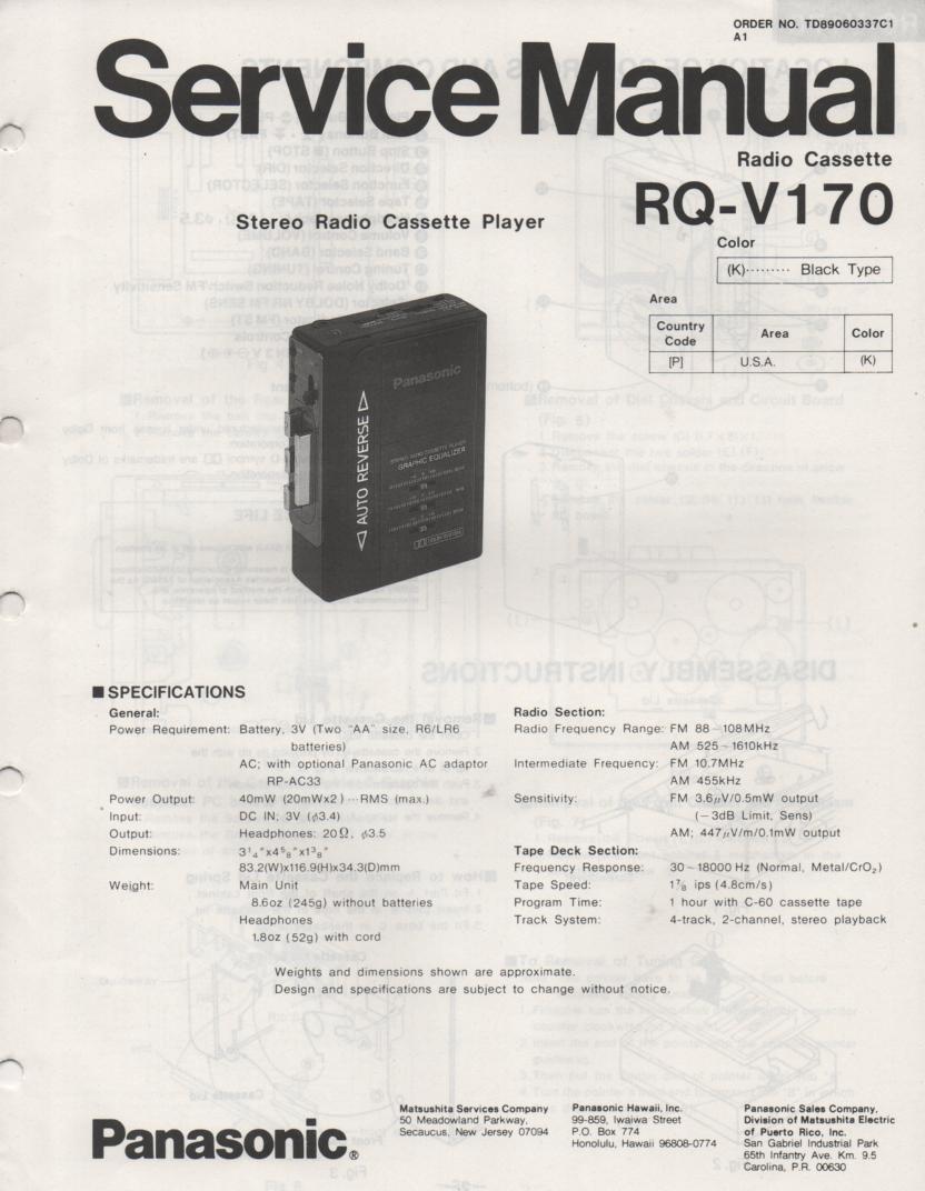 RQ-V170 Mini Cassette Player Radio Service Manual