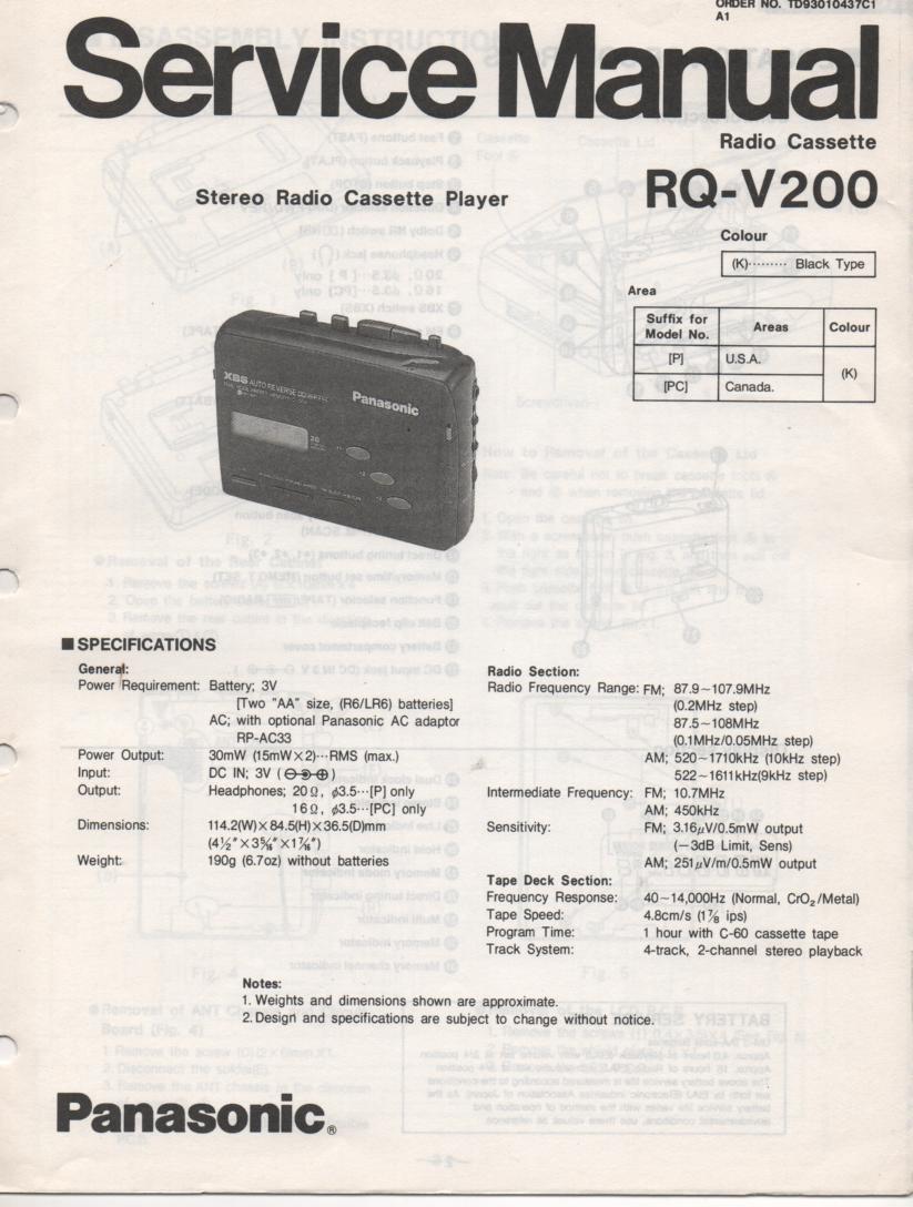 RQ-V200 Mini Cassette Player Radio Service Manual