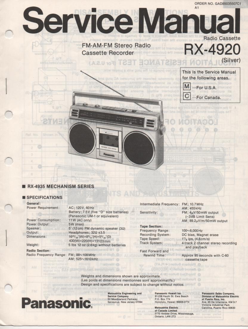 RX-4920 Radio Cassette Radio Service Manual